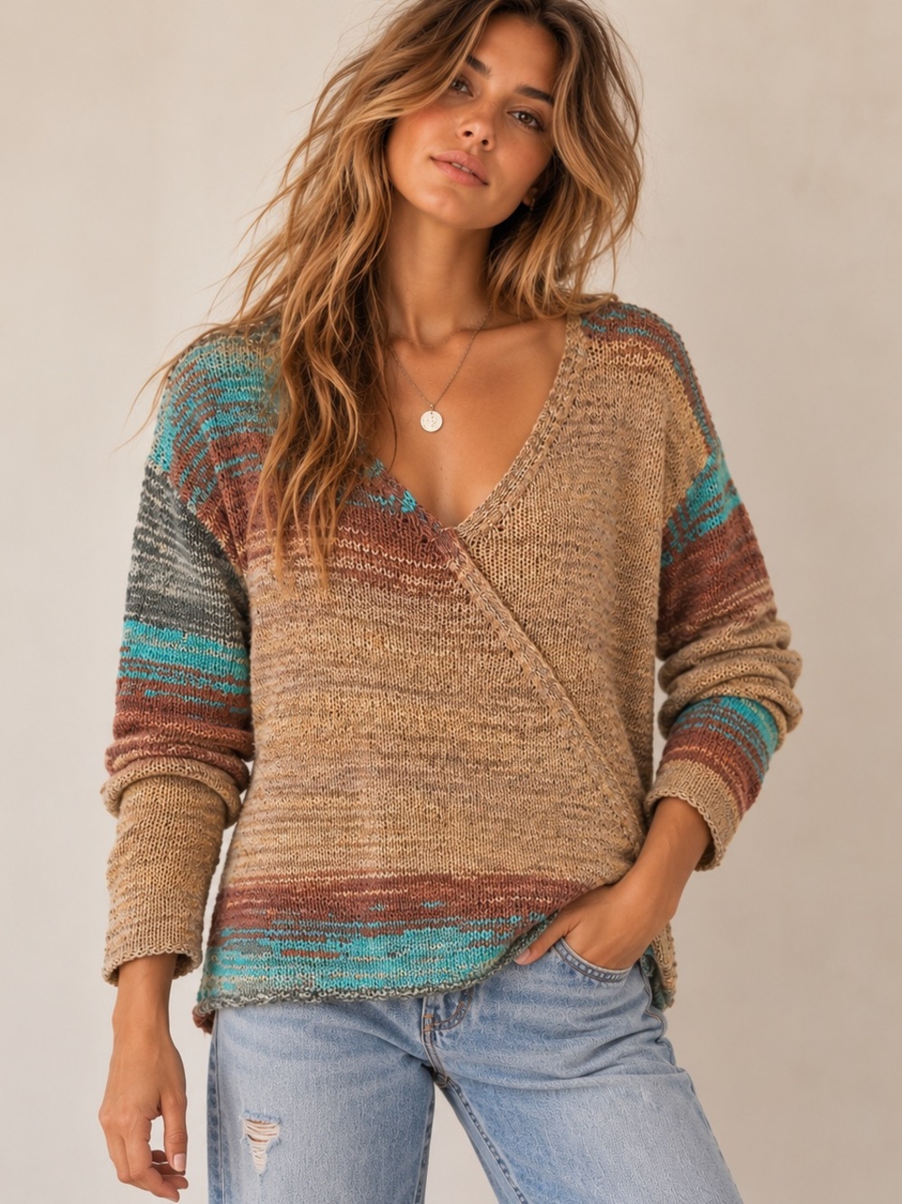 PrAna Vignette Boho Oversized V Neck Knit Sweater Asymmetrical Hem
